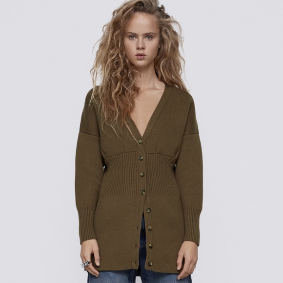 NWT ZARA | Ribbed Cardigan Dress Dark Khaki - Picture 8 of 14